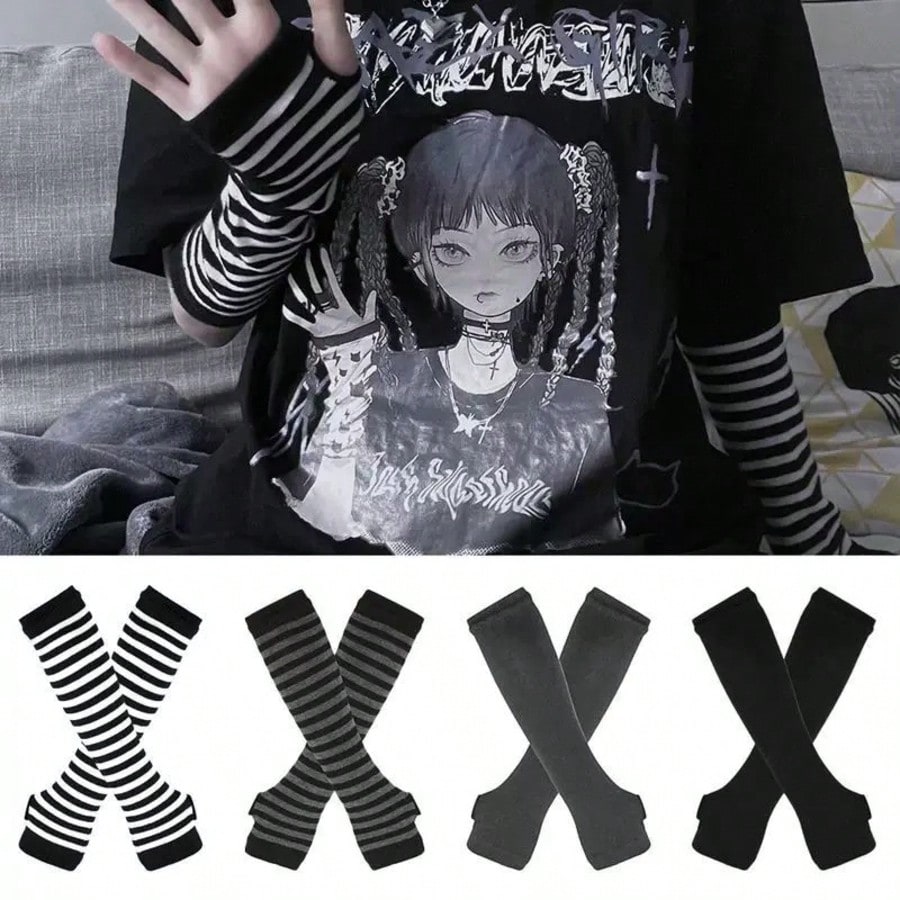 1 Pair Y2K Punk Striped Knitte - Fingerless Glove Knit recensione e prezzo